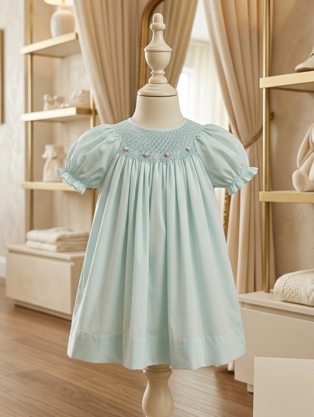 Petit Ami Mint Green Smocked Heirloom Day Gown Set NB–3M | Hand Embroidery + Bon